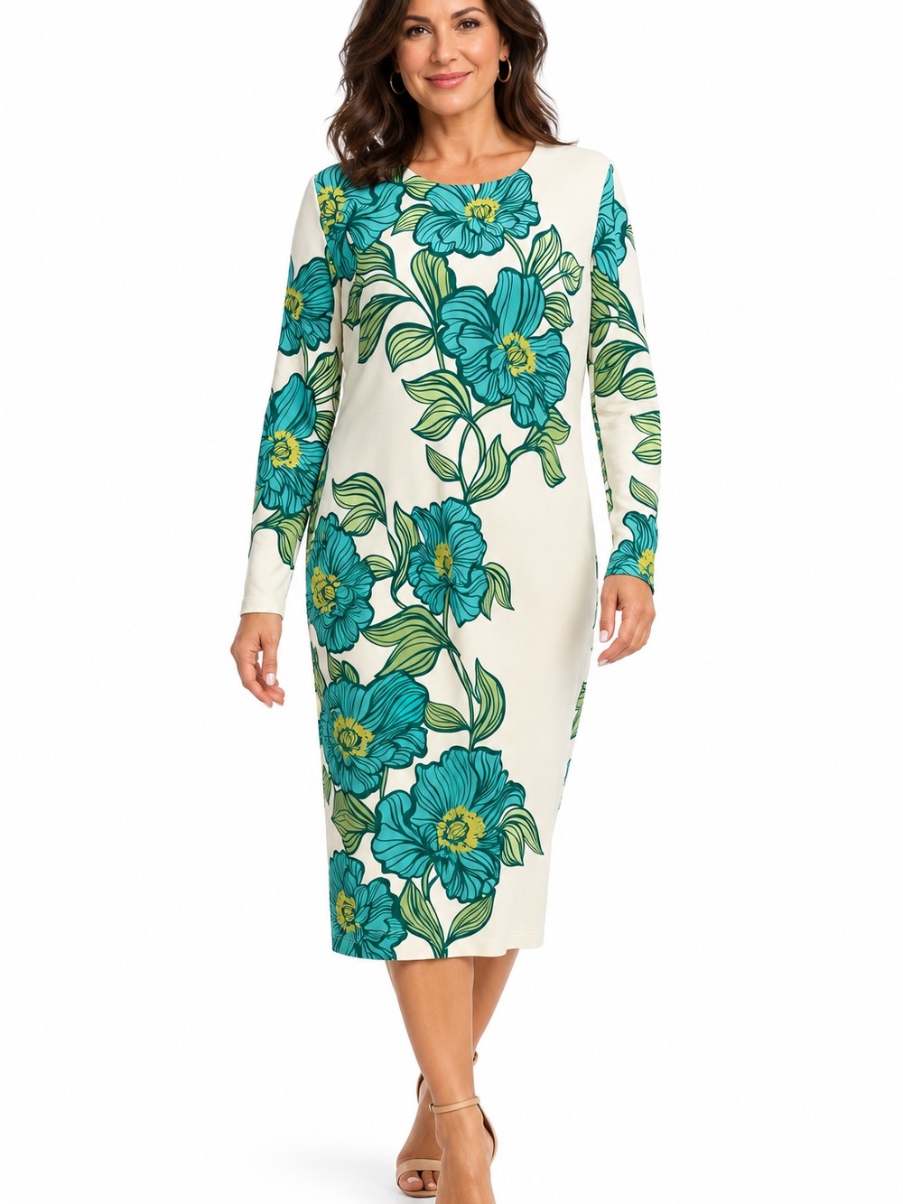 Maggy London Teal & Cream Floral Midi Dress
